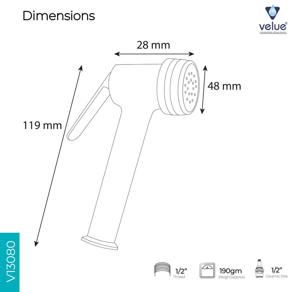 Velue  Alto Handheld Health Faucet with 1 Meter SS Hose Pipe and Hook - Velue Complete Bath Fitting Solutions Bannglore India