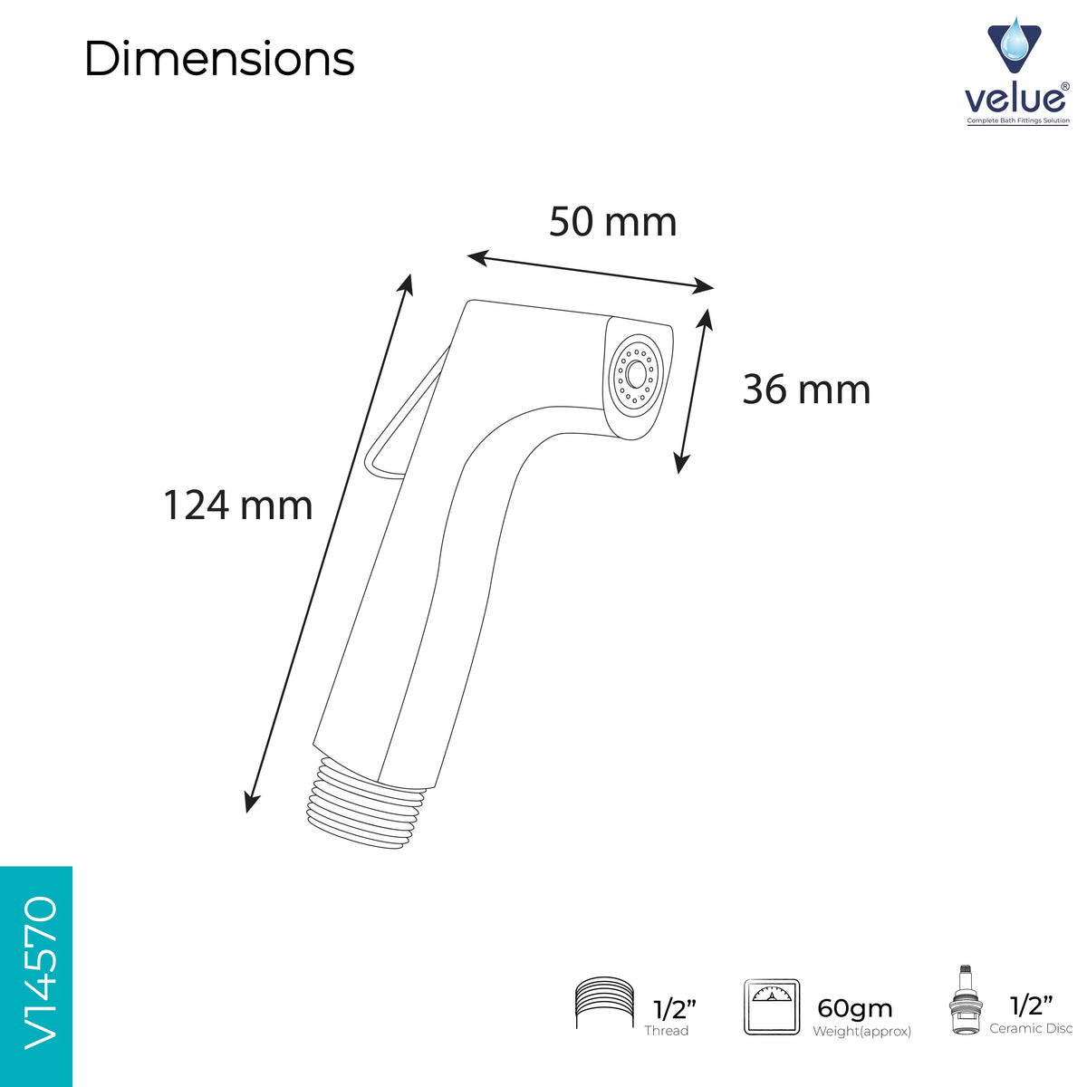 Velue  Seltos Handheld Health Faucet with 1 Meter SS Hose Pipe and Hook - Velue Complete Bath Fitting Solutions Bannglore India