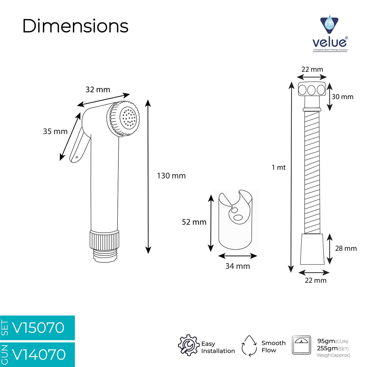 Velue  Icon Handheld Health Faucet with 1 Meter PTMT Hose Pipe and Hook - Velue Complete Bath Fitting Solutions Bannglore India
