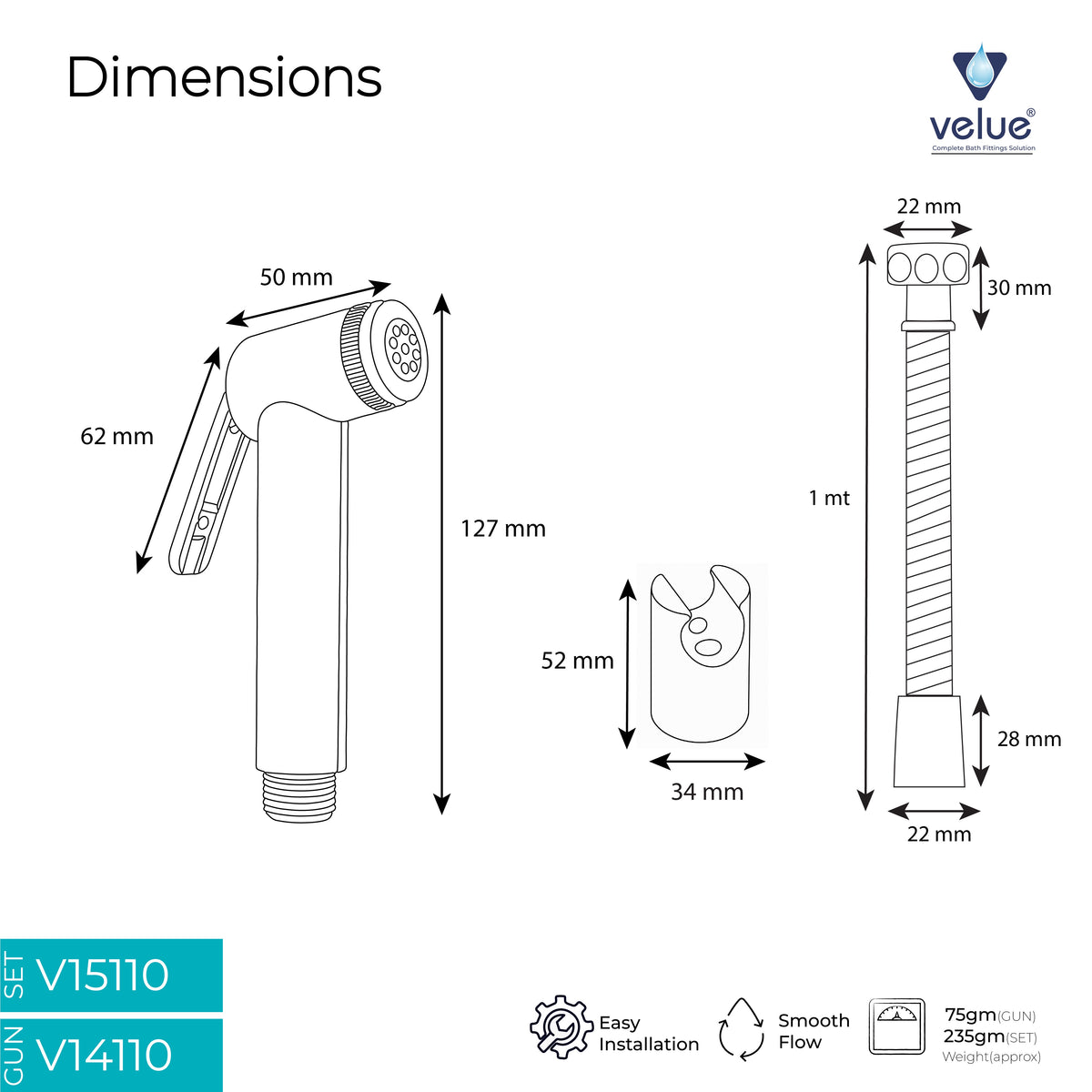 Velue  Standard Nozzle Handheld Health Faucet with 1 Meter SS Hose Pipe and Hook - Velue Complete Bath Fitting Solutions Bannglore India