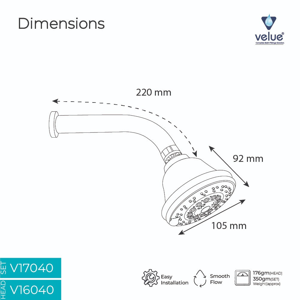 Velue  Fonex Overhead Shower with 360° Swivel and Stainless Steel Arm - Velue Complete Bath Fitting Solutions Bannglore India