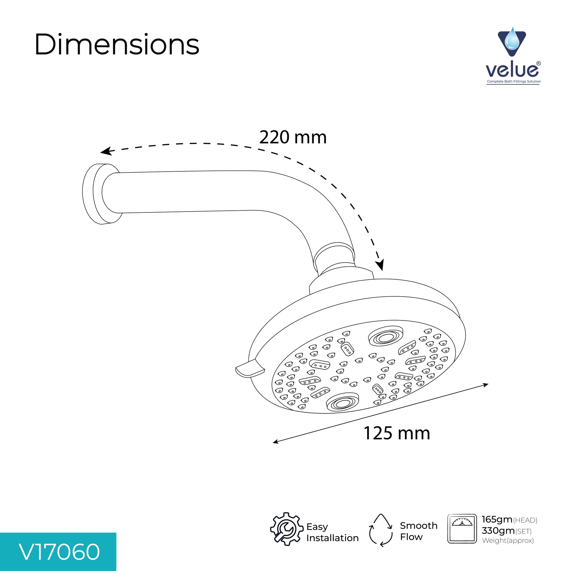Velue  Grace Overhead Shower with 360° Swivel and Stainless Steel Arm - Velue Complete Bath Fitting Solutions Bannglore India