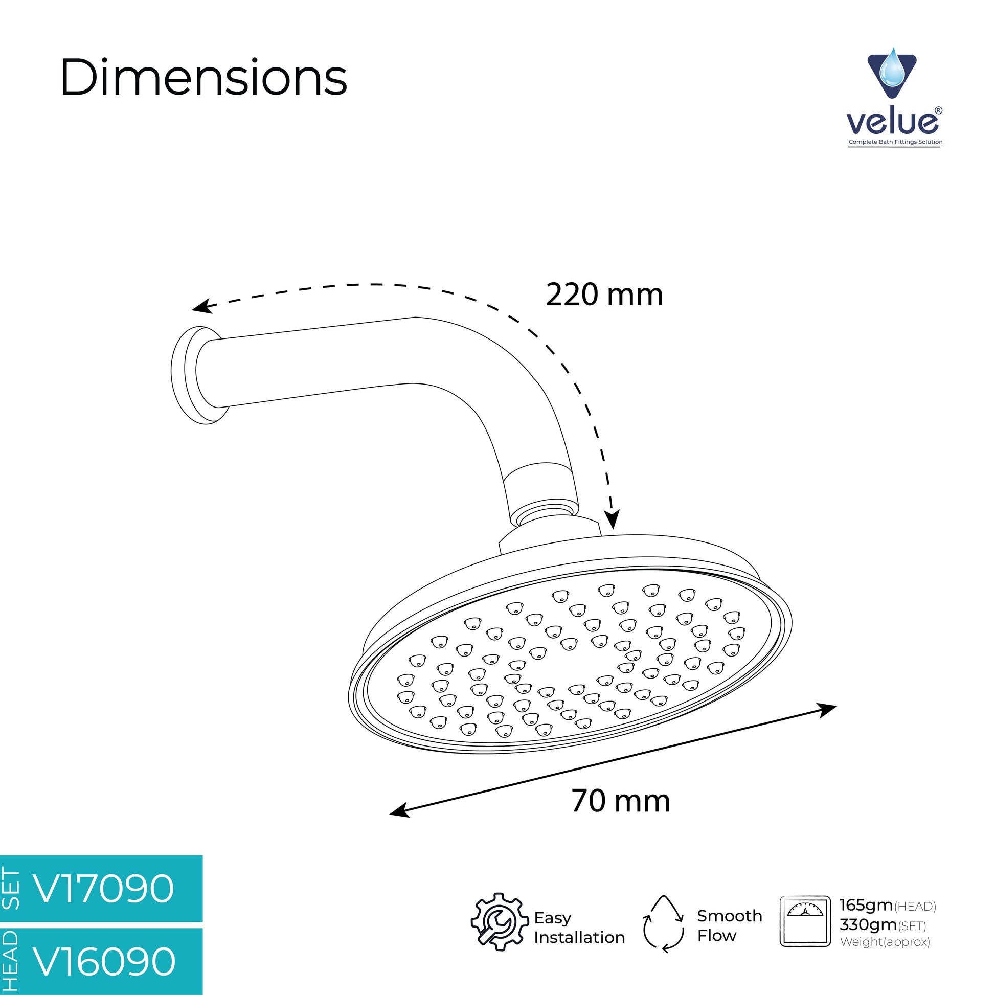 Velue  Apple Overhead Shower with 360° Swivel and Stainless Steel Arm - Velue Complete Bath Fitting Solutions Bannglore India