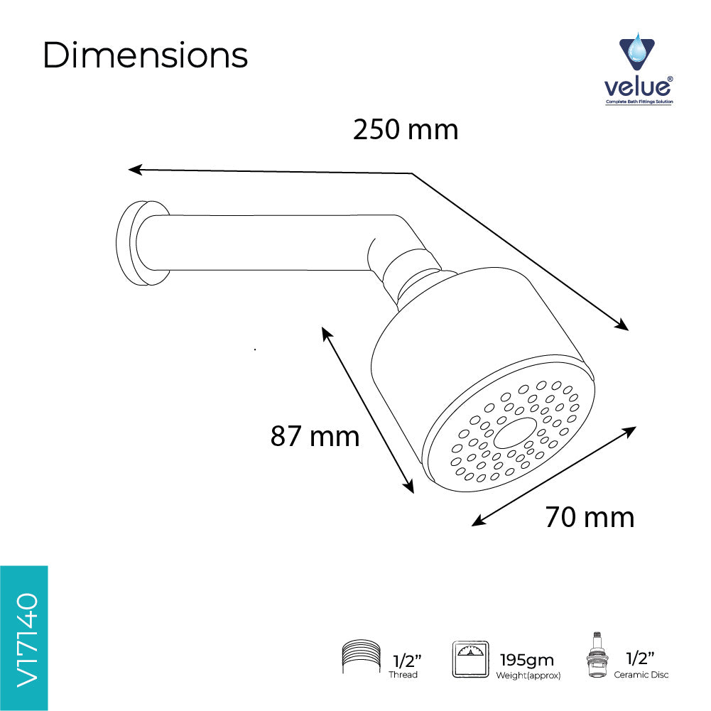 Velue  Metro Overhead Shower with 360° Swivel and Stainless Steel Arm - Velue Complete Bath Fitting Solutions Bannglore India