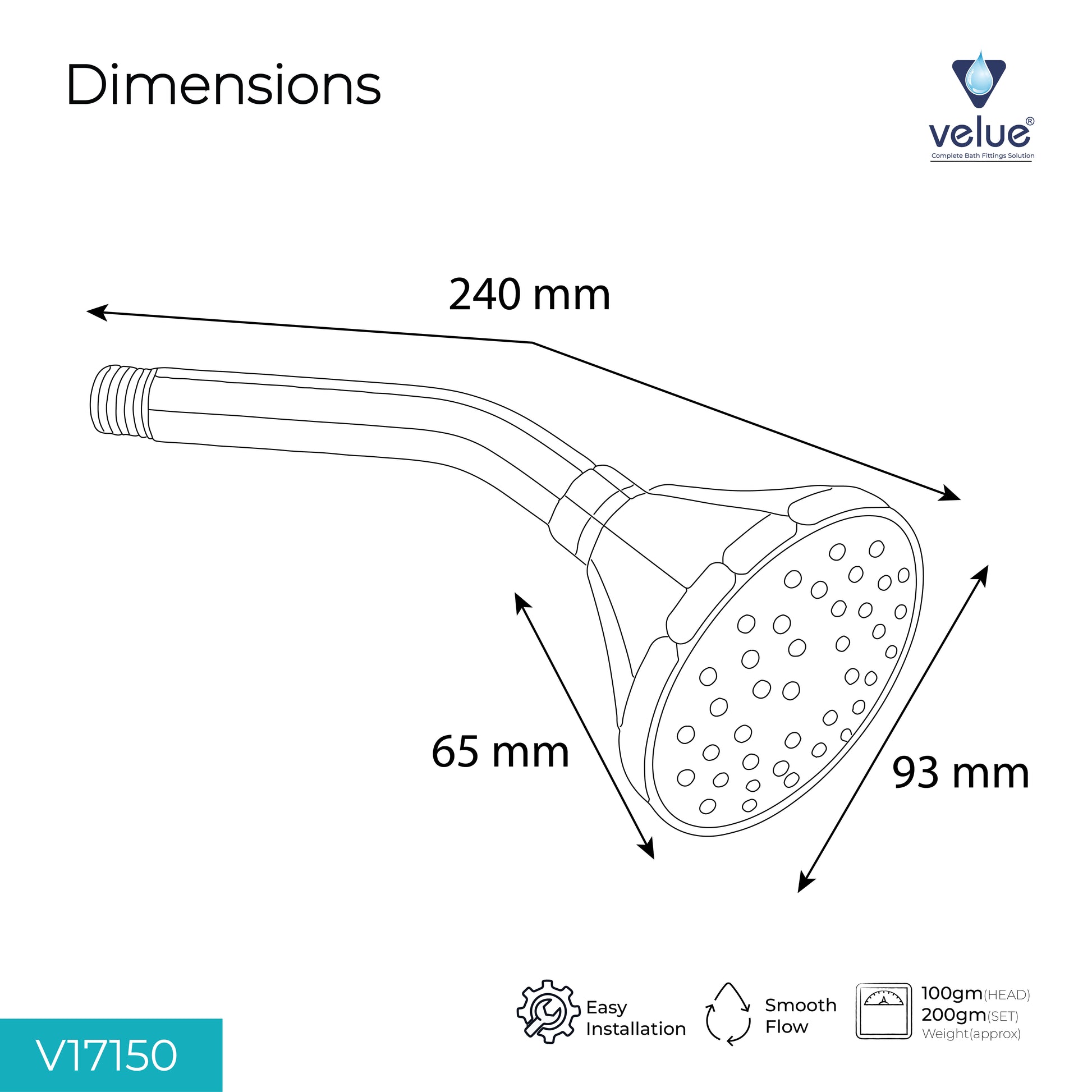 Velue  Duster Overhead Shower with 360° Swivel and Stainless Steel Arm - Velue Complete Bath Fitting Solutions Bannglore India