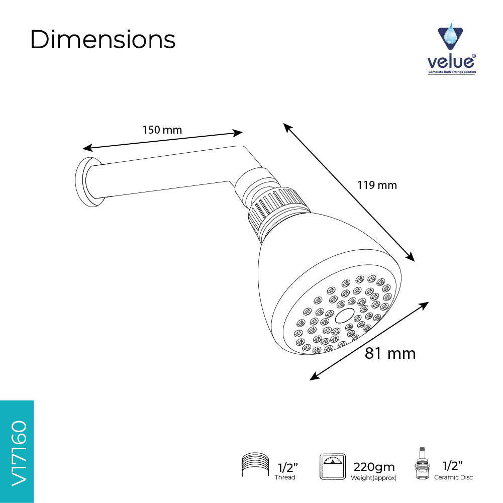 Velue  Parry Overhead Shower with 360° Swivel and Stainless Steel Arm - Velue Complete Bath Fitting Solutions Bannglore India