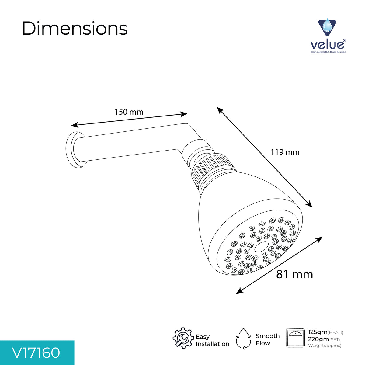 Velue  Parry Overhead Shower with 360° Swivel and Stainless Steel Arm - Velue Complete Bath Fitting Solutions Bannglore India