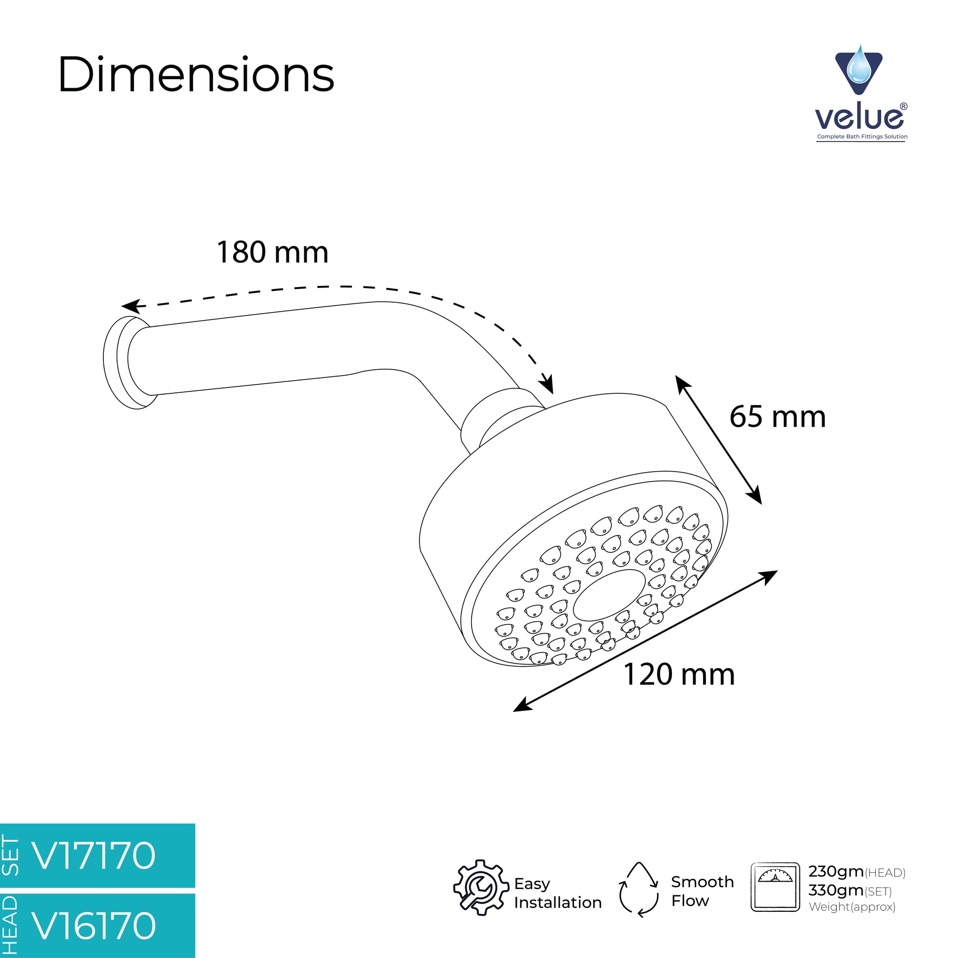 Velue  Neo Overhead Shower with 360° Swivel and Stainless Steel Arm - Velue Complete Bath Fitting Solutions Bannglore India
