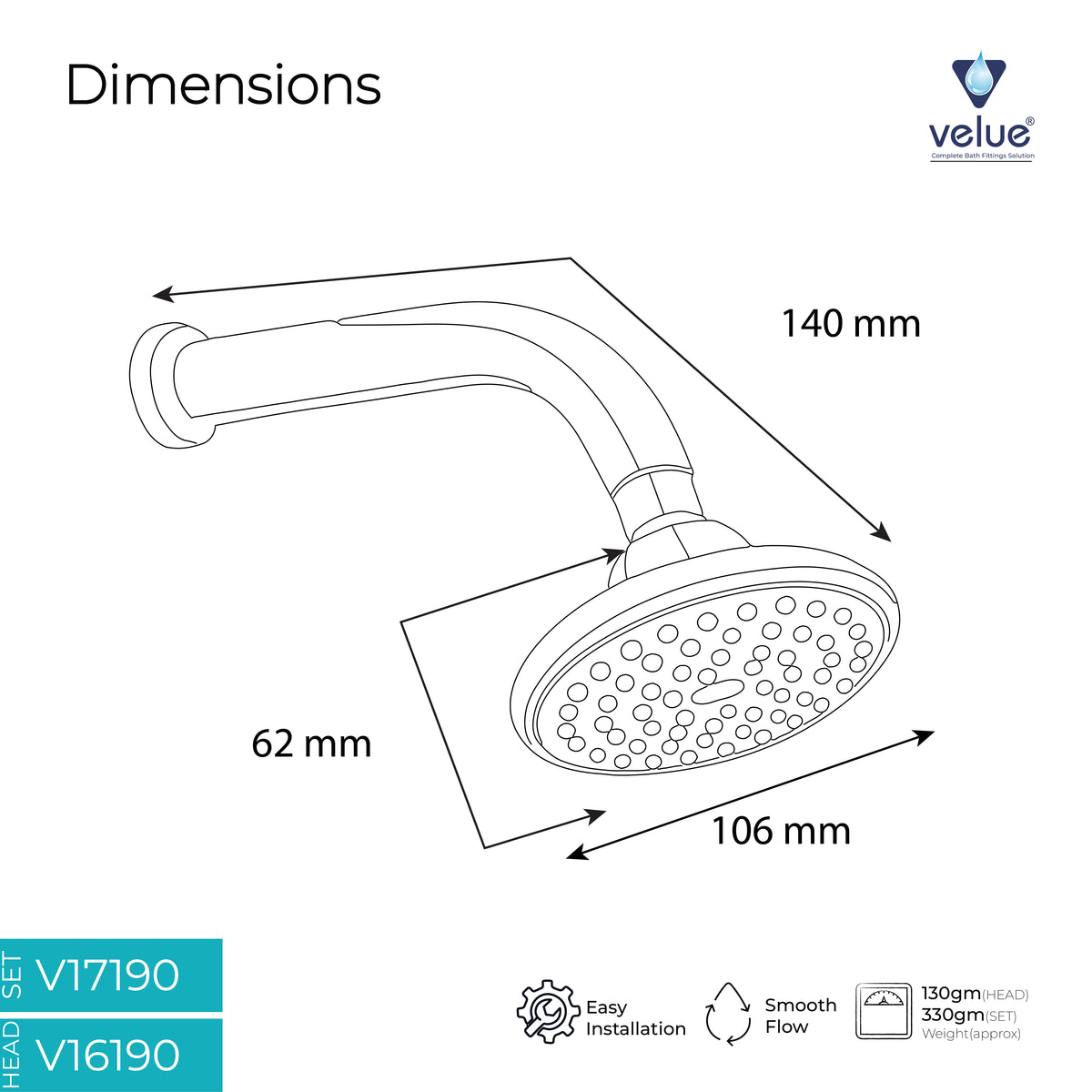 Velue  5 Inches Black Overhead Shower with 360° Swivel and Stainless Steel Arm - Velue Complete Bath Fitting Solutions Bannglore India