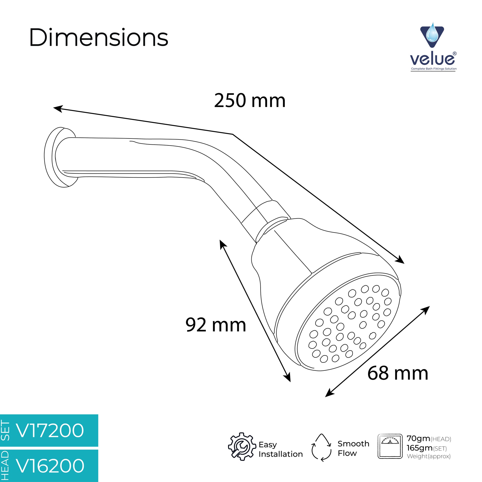Velue  Alto Overhead Shower with 360° Swivel and Stainless Steel Arm - Velue Complete Bath Fitting Solutions Bannglore India