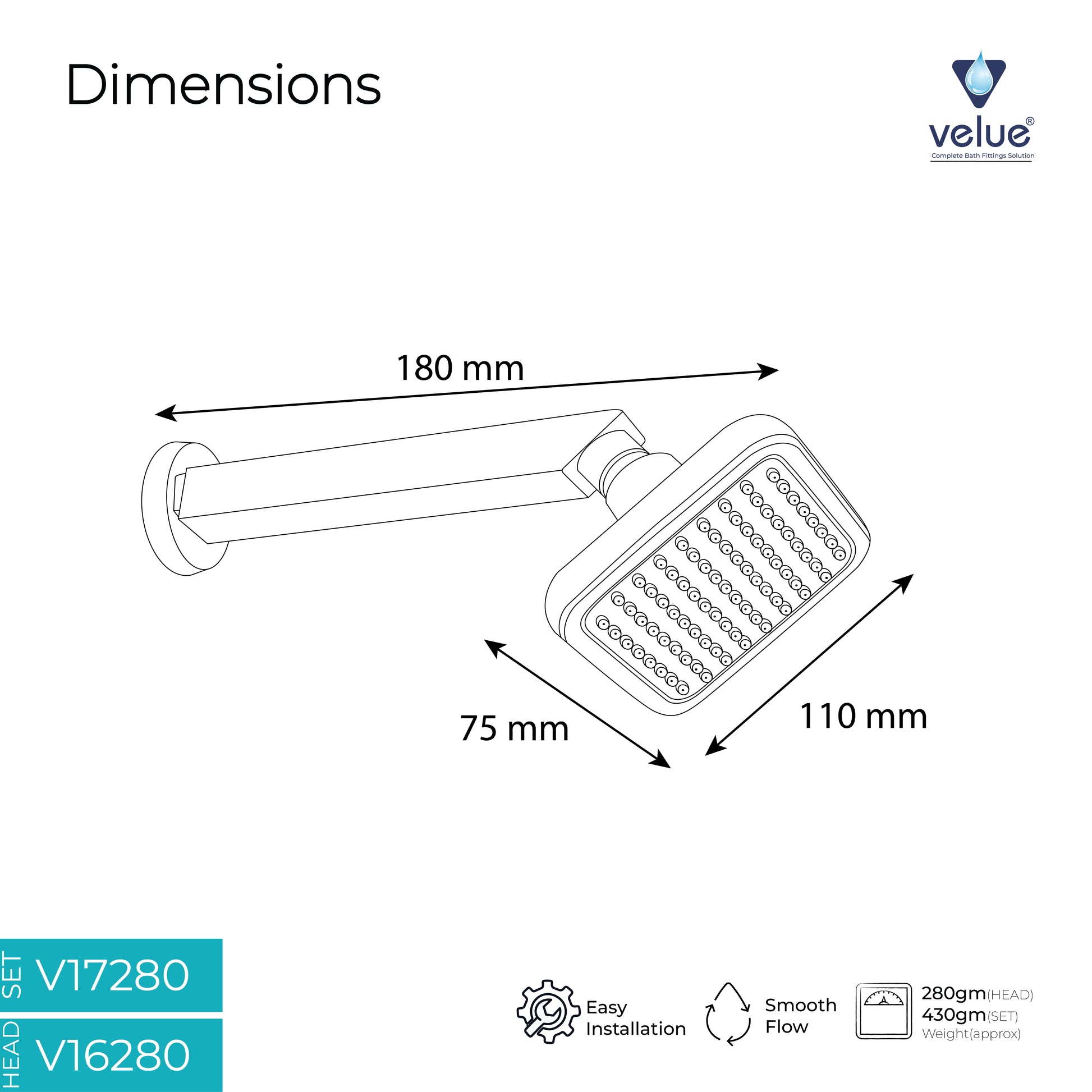Velue  Titan Overhead Shower with 360° Swivel and Stainless Steel Arm - Velue Complete Bath Fitting Solutions Bannglore India