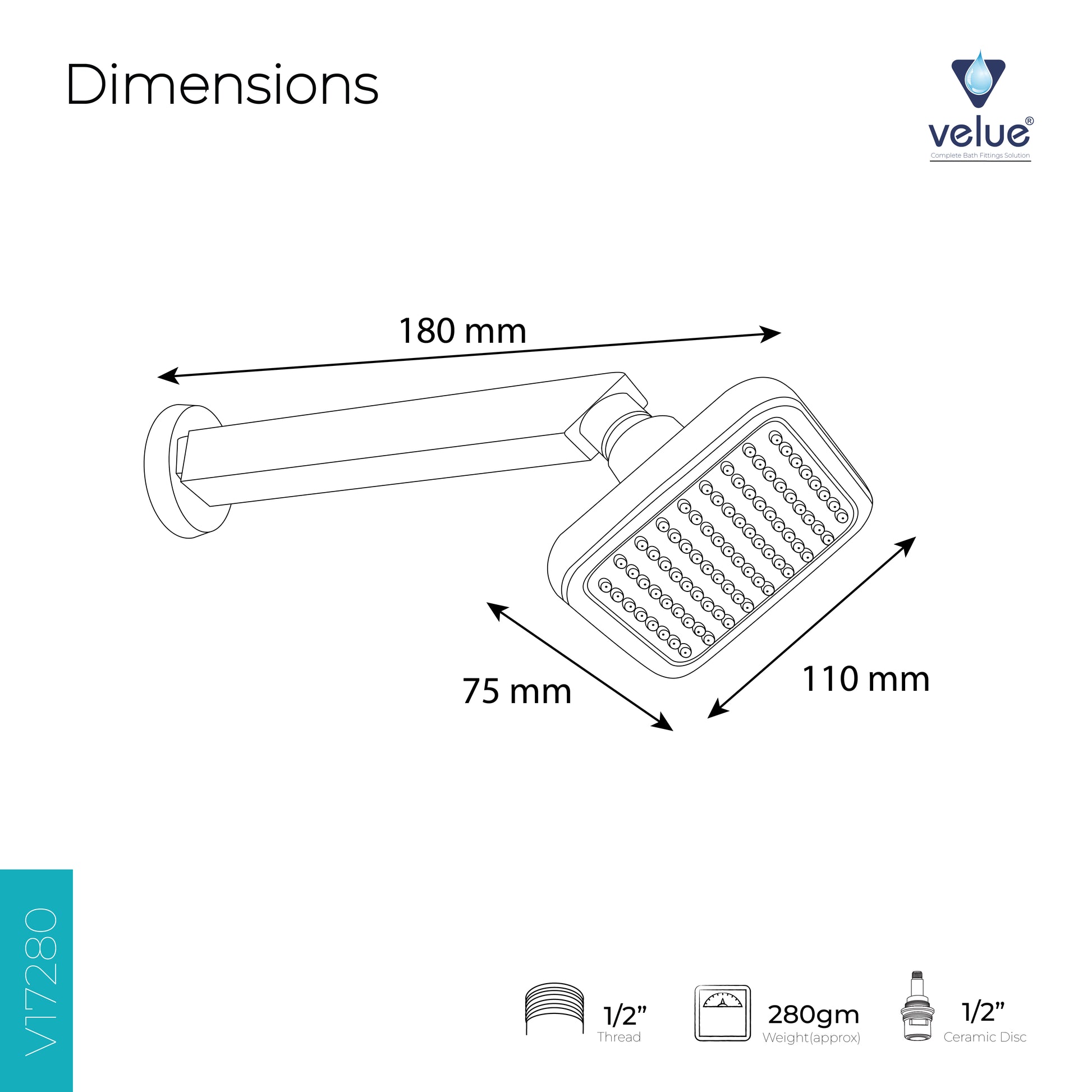 Velue  Titan Overhead Shower with 360° Swivel and Stainless Steel Arm - Velue Complete Bath Fitting Solutions Bannglore India