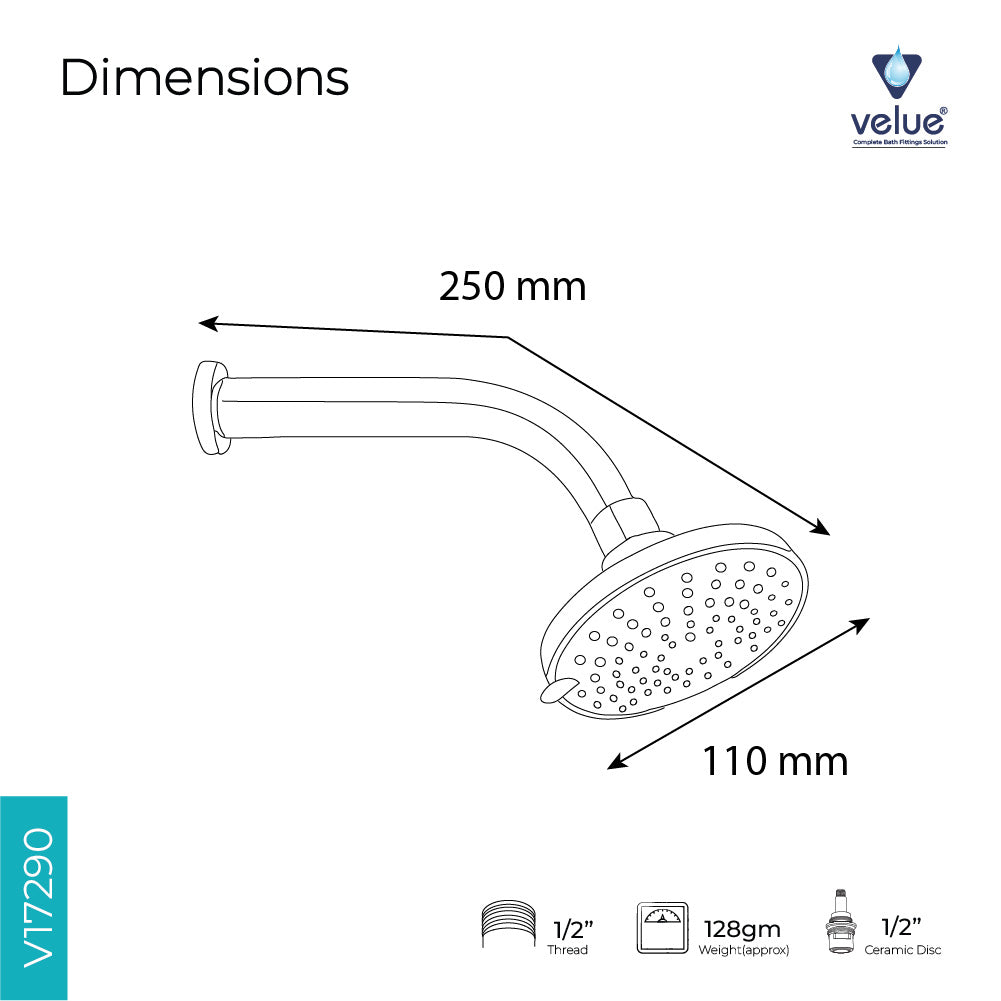 Velue  Belex Overhead Shower with 360° Swivel and Stainless Steel Arm - Velue Complete Bath Fitting Solutions Bannglore India