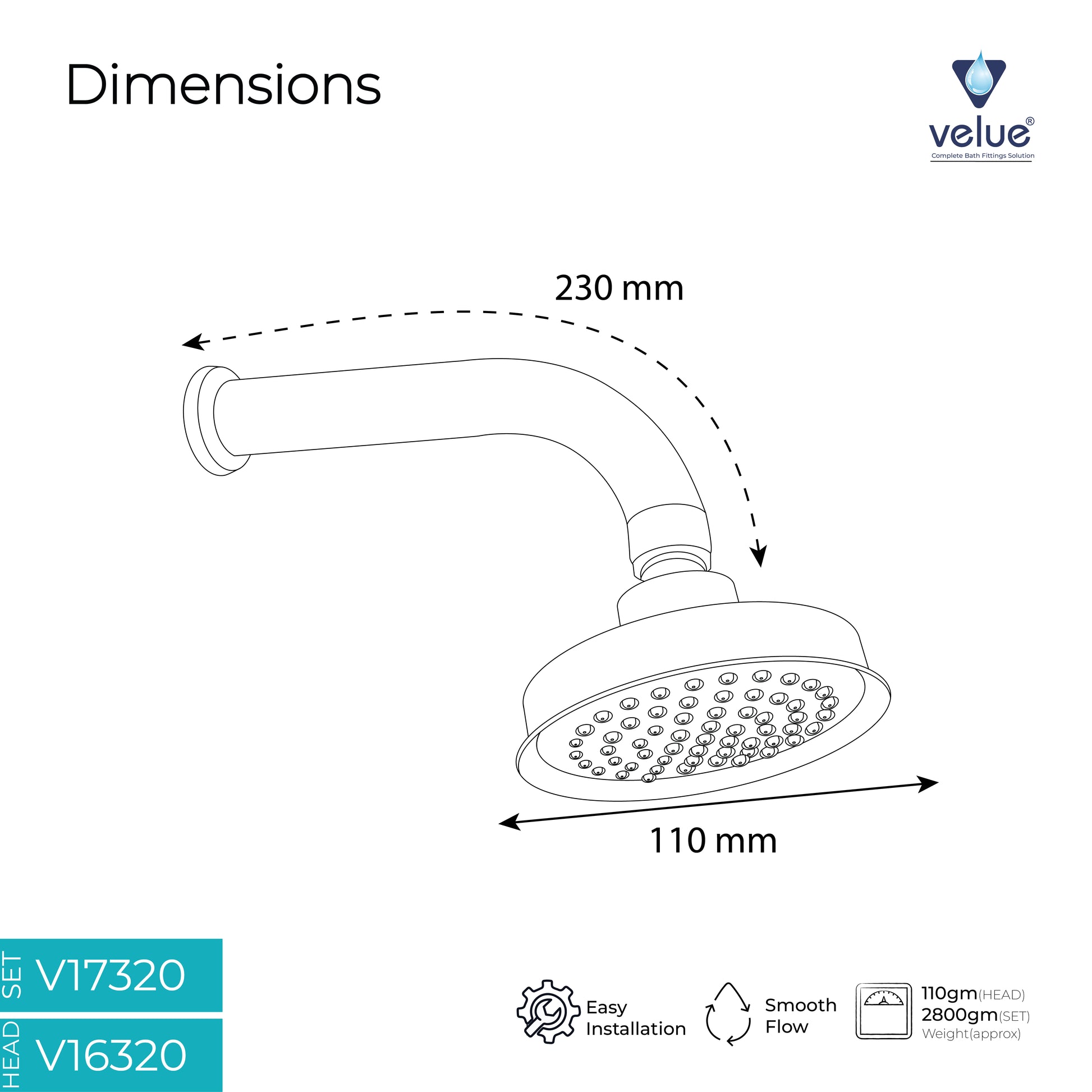 Velue  Crown Overhead Shower with 360° Swivel and Stainless Steel Arm - Velue Complete Bath Fitting Solutions Bannglore India