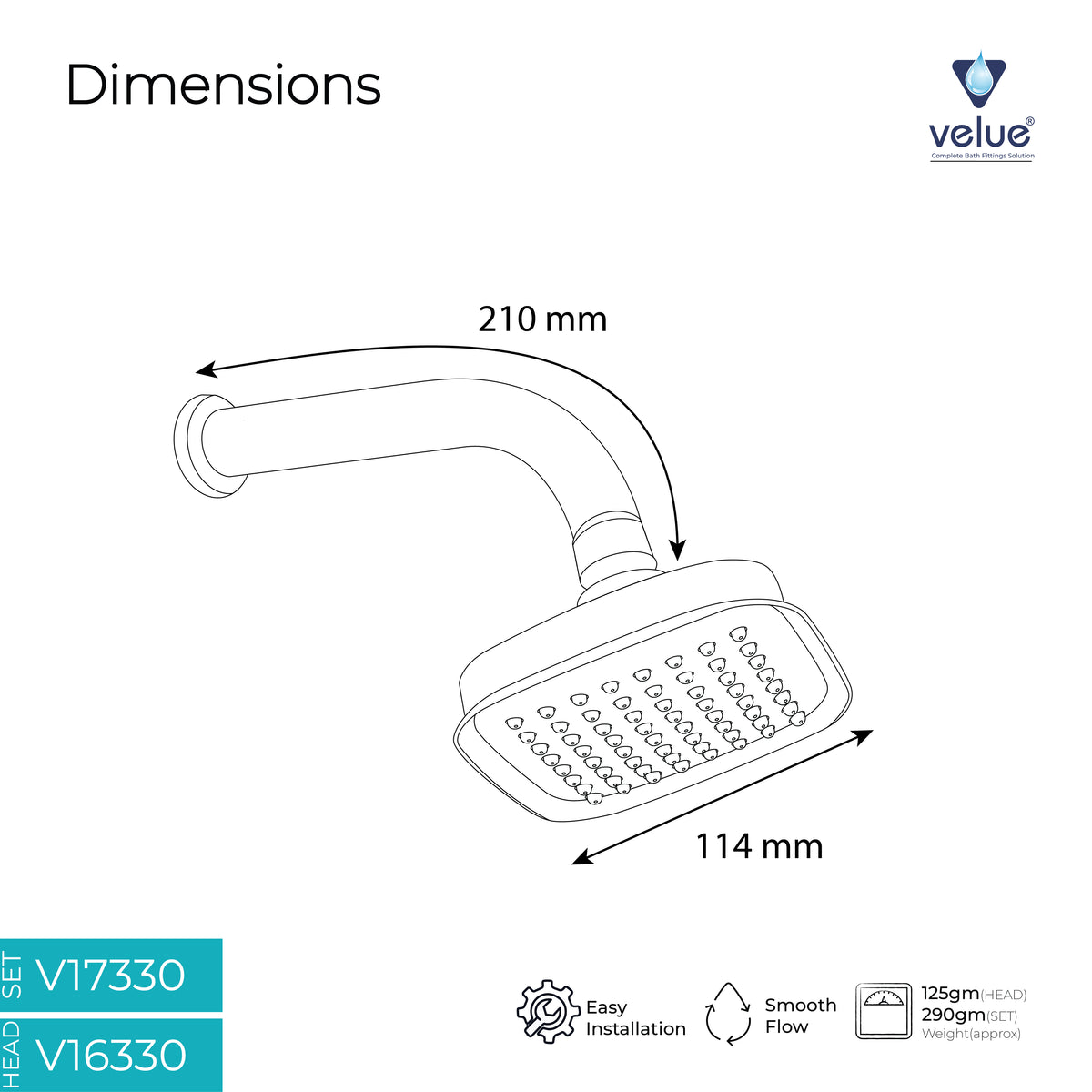 Velue  Prince Overhead Shower with 360° Swivel and Stainless Steel Arm - Velue Complete Bath Fitting Solutions Bannglore India