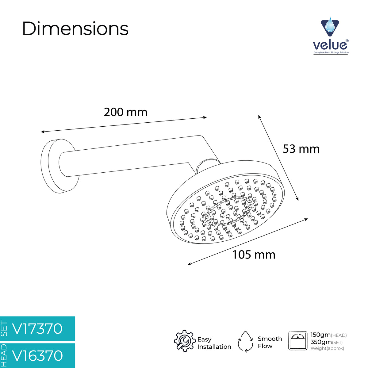 Velue  Royal One Overhead Shower with 360° Swivel and Stainless Steel Arm - Velue Complete Bath Fitting Solutions Bannglore India