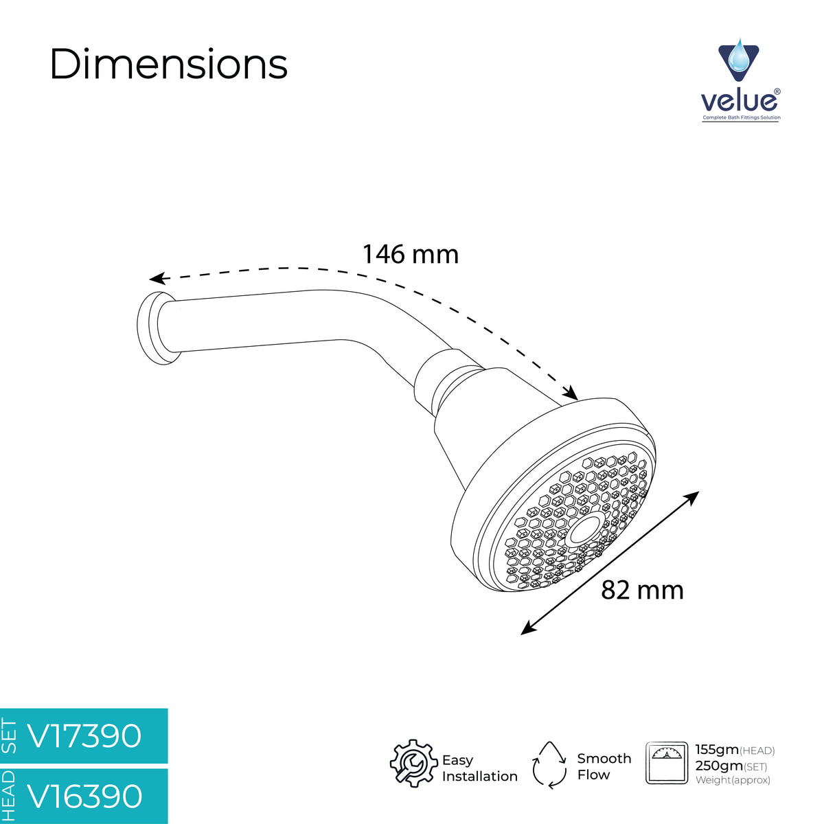 Velue  Nano Overhead Shower with 360° Swivel and Stainless Steel Arm - Velue Complete Bath Fitting Solutions Bannglore India