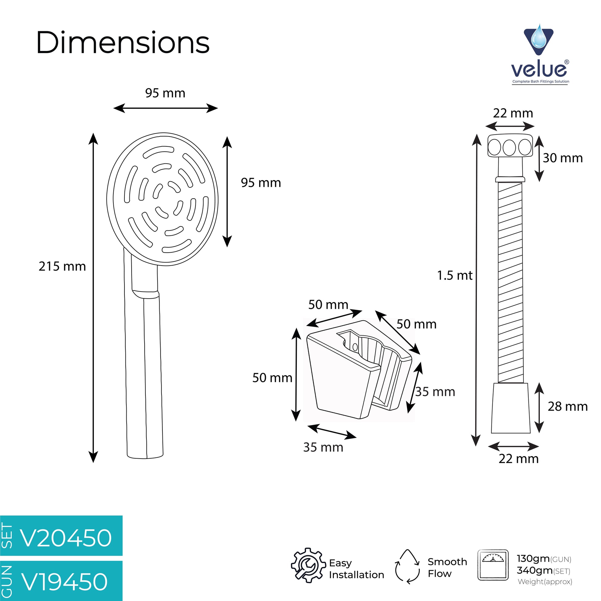 Velue  Maze Round Hand Shower with 1.5 Meter SS Hose Pipe and Hook - Velue Complete Bath Fitting Solutions Bannglore India