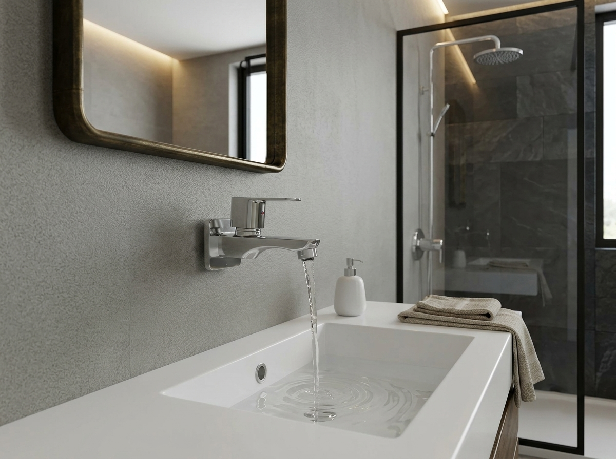 Wall mounted chrome faucet running water into a white bathroom sink