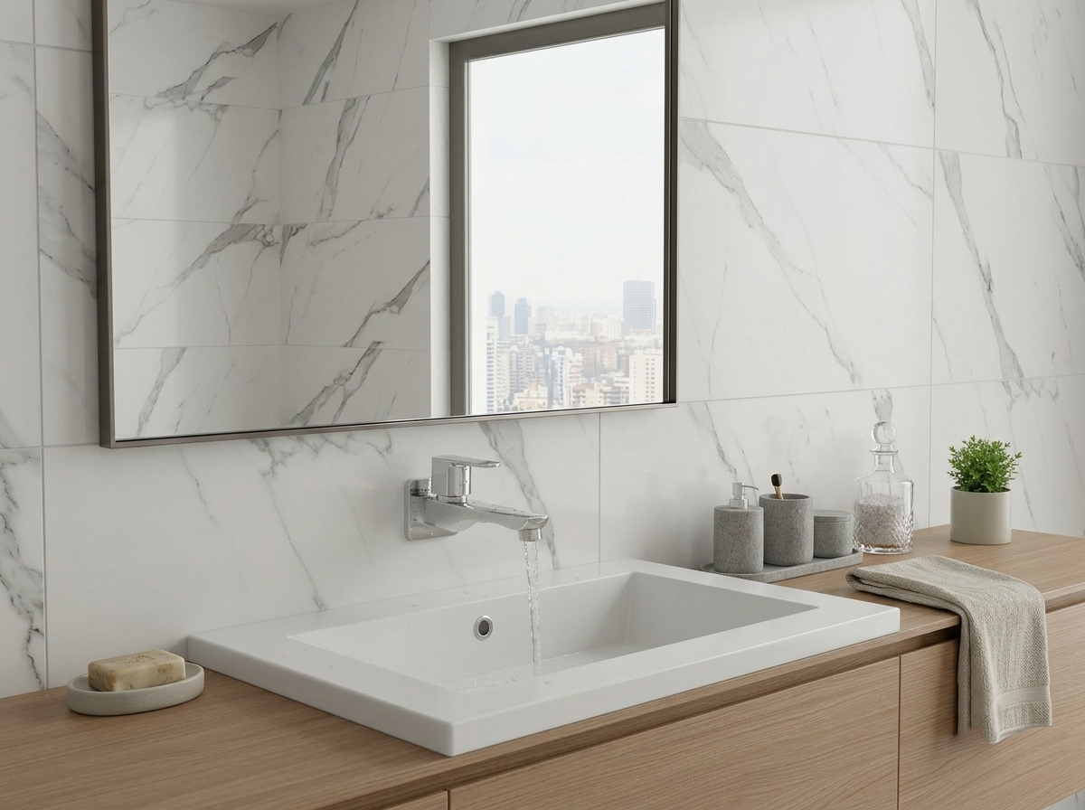 Bathroom vanity with white marble tiles, wooden countertop, chrome faucet, and sink with running water