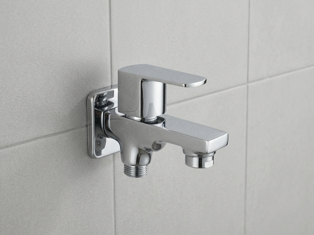 Chrome two way angle valve mounted on a grey tiled wall