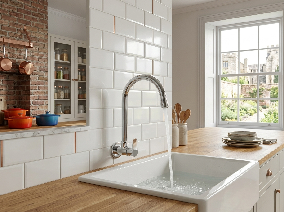 Chrome kitchen faucet running water into a white farmhouse sink with wood countertops and white subway tile backsplash