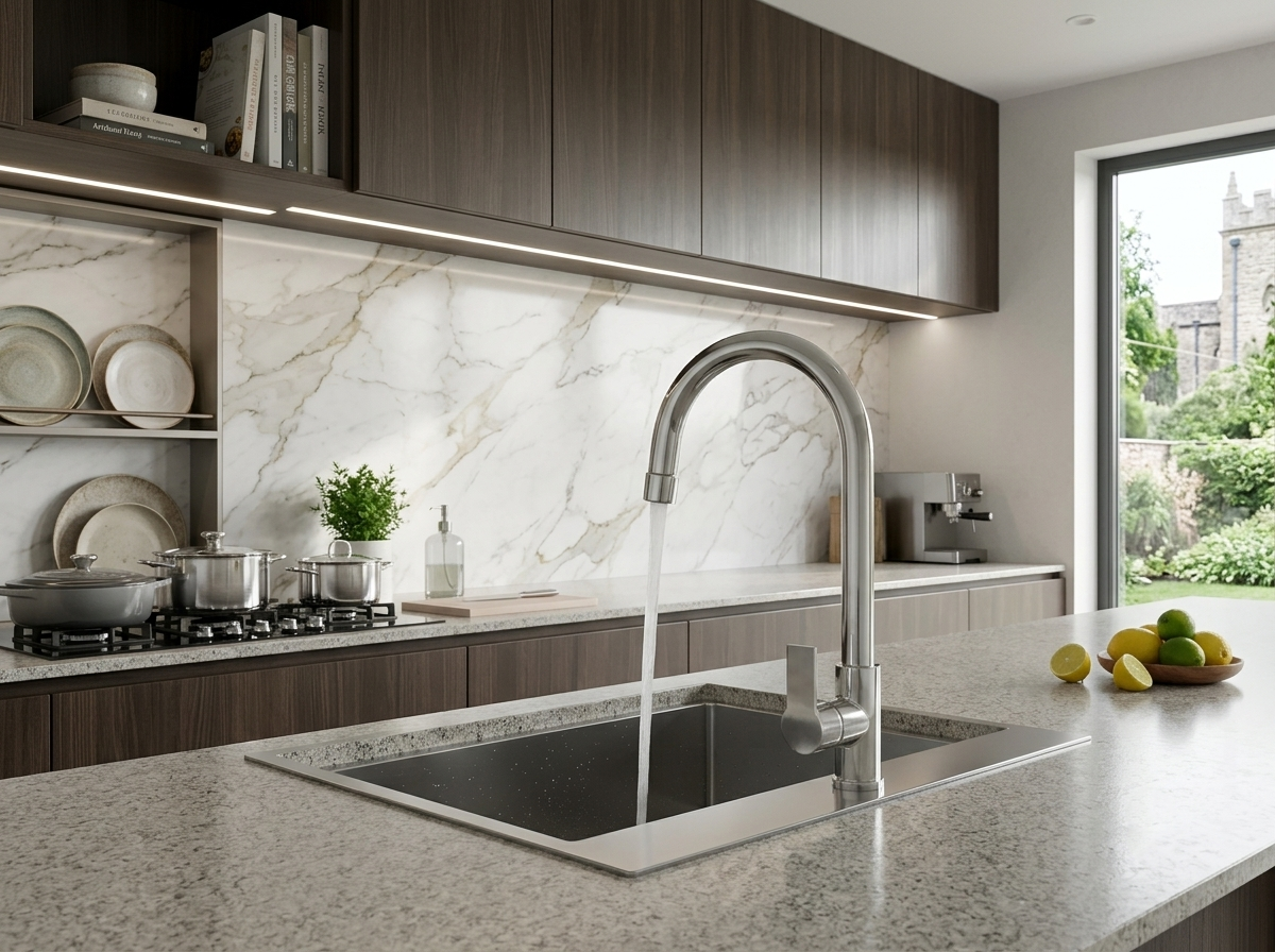 Modern kitchen island with stainless steel faucet running water into a sink