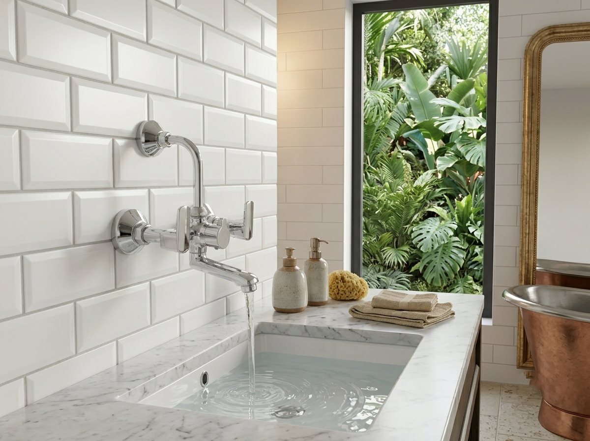 Chrome wall mounted faucet over marble sink with soap dispensers and towels in bathroom with tropical view