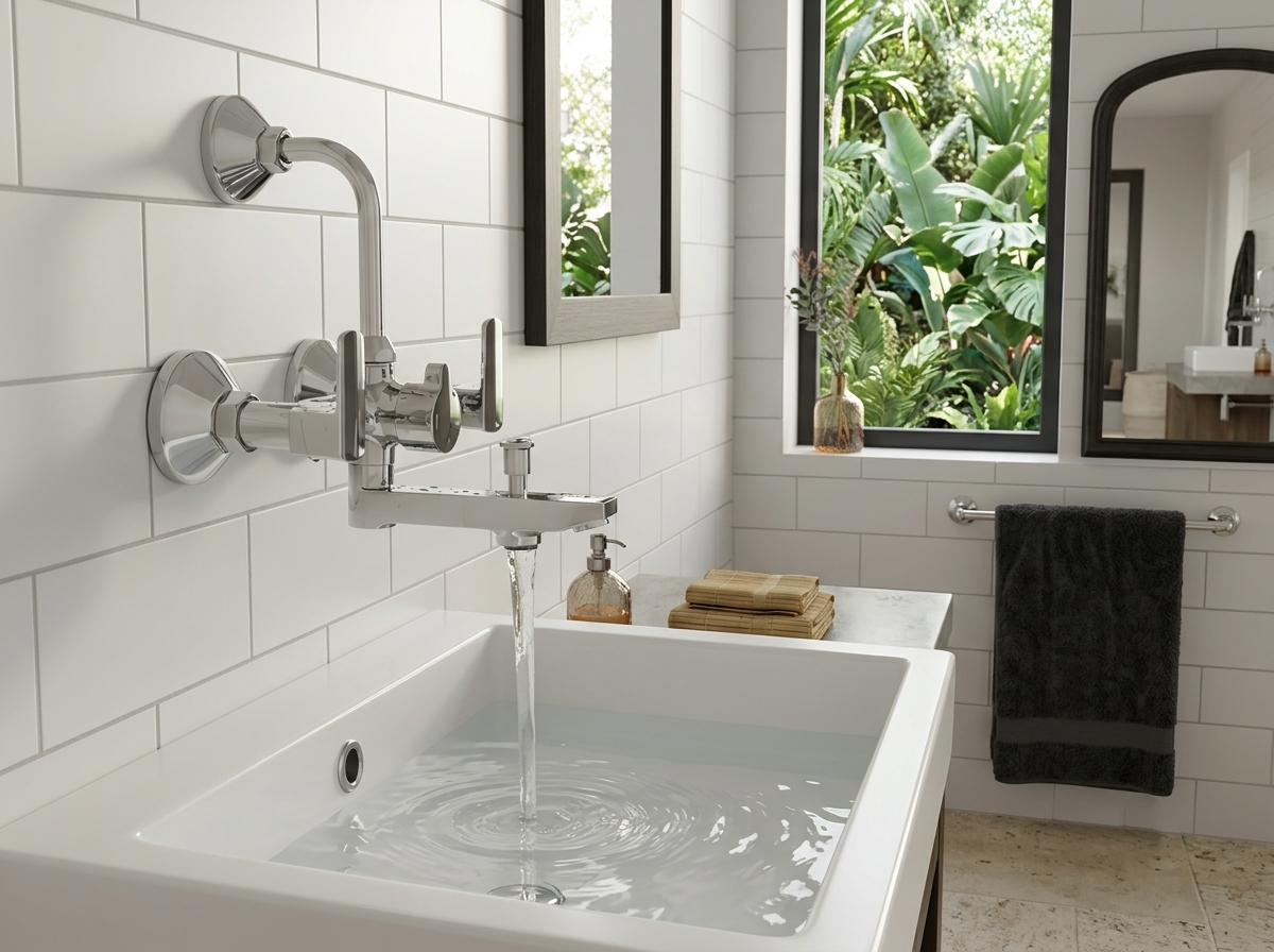 Wall mounted chrome faucet running water into a white rectangular bathroom sink