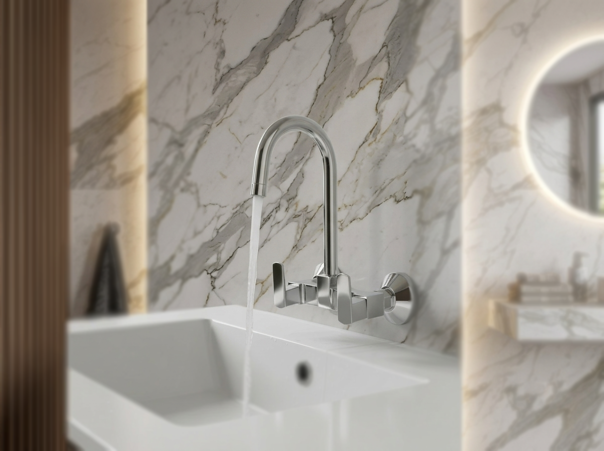 Chrome wall mounted bathroom faucet with running water over a white sink against a marble wall
