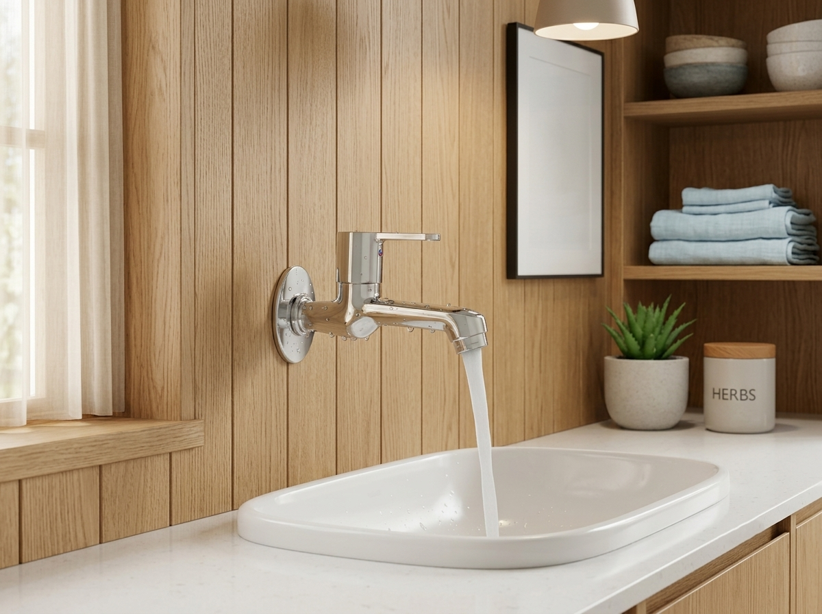 Chrome wall mounted faucet with water running into a white bathroom sink