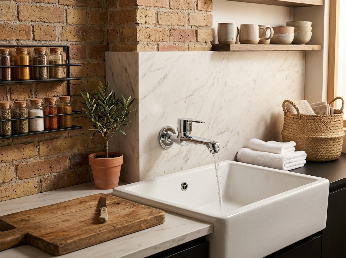 Chrome wall mounted faucet over a white farmhouse sink with a wooden cutting board and spice rack