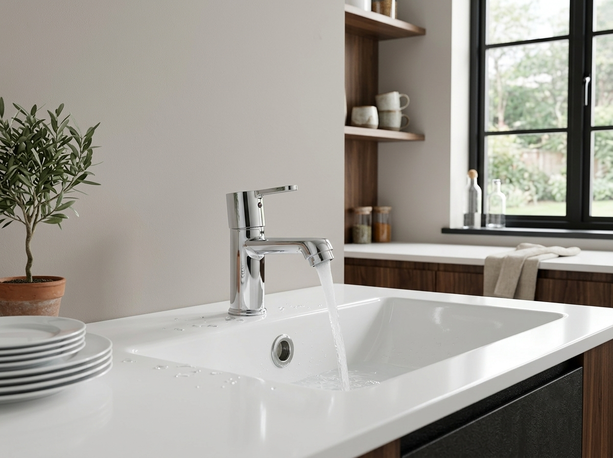 Chrome kitchen faucet running water into a white sink with a small potted plant and stacked plates on the counter