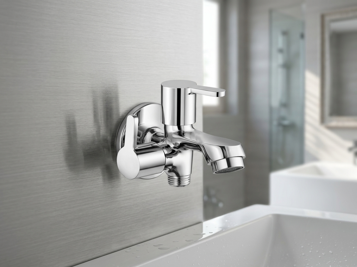 Chrome wall mounted bathroom faucet with two handles