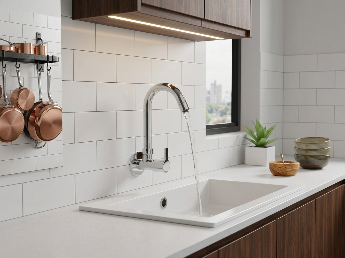 Chrome wall mounted kitchen faucet running water into a white sink with copper pans hanging on a tiled wall