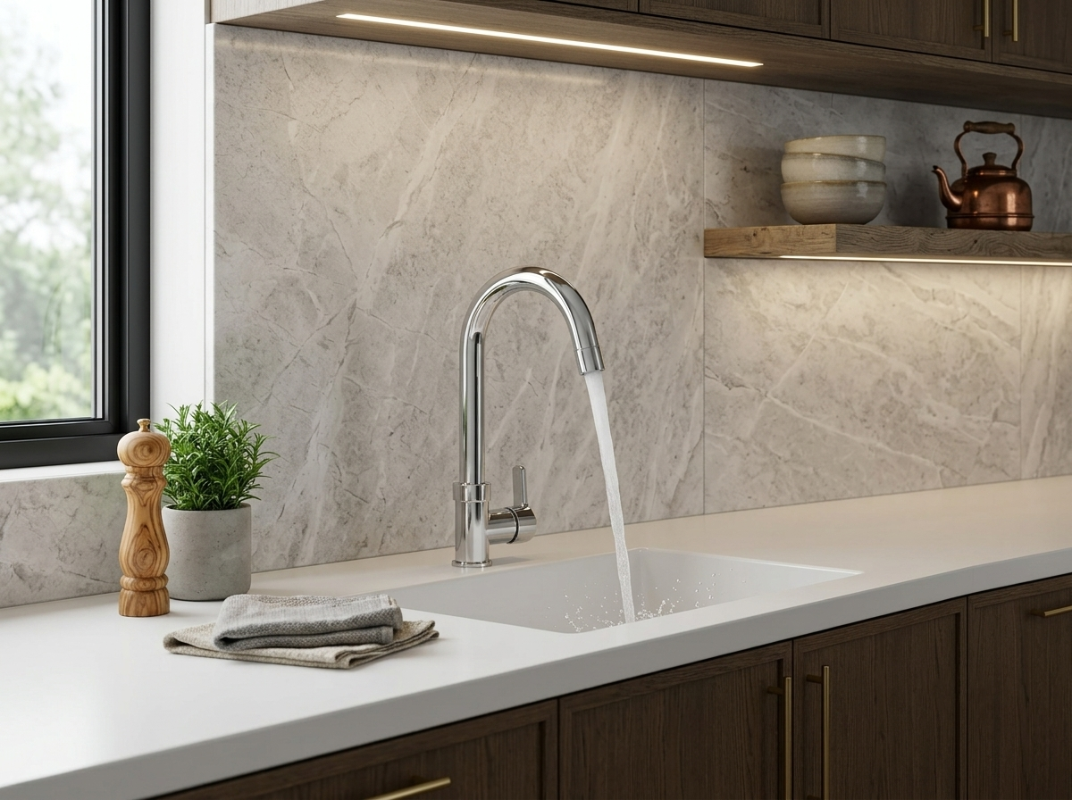 Chrome kitchen faucet running water into a white sink with marble backsplash and wooden cabinets