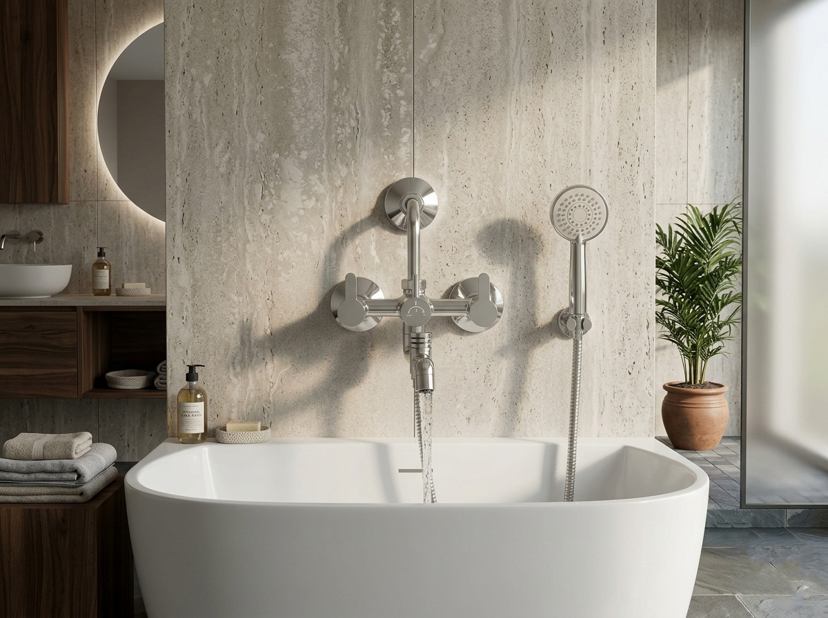 Wall mounted chrome bathtub faucet with handheld shower head above a white freestanding bathtub