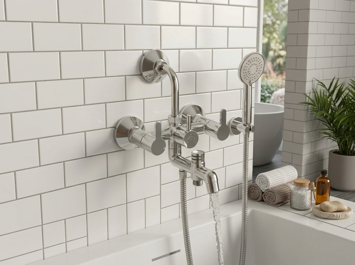 Chrome wall mounted bathtub faucet with handheld shower head and white subway tile background