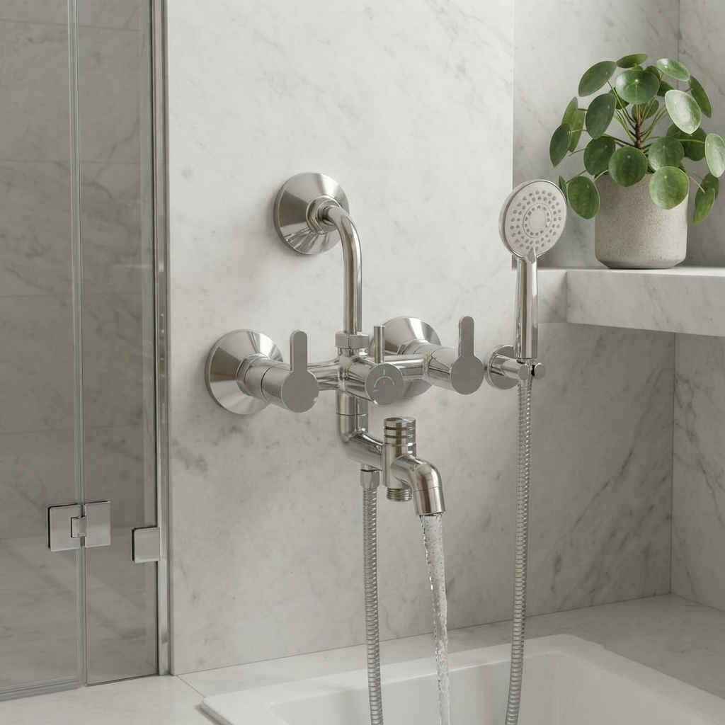 Velue  Flute 3 - in - 1 Wall Mixer Tap With Bend - Velue Complete Bath Fitting Solutions Bannglore India
