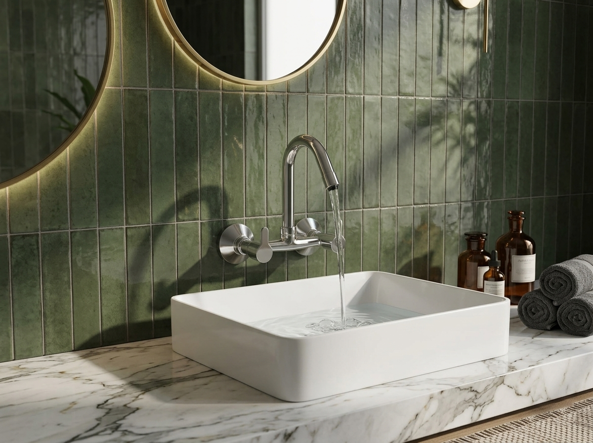 Chrome wall mounted faucet over white rectangular vessel sink on marble countertop with green tiled wall