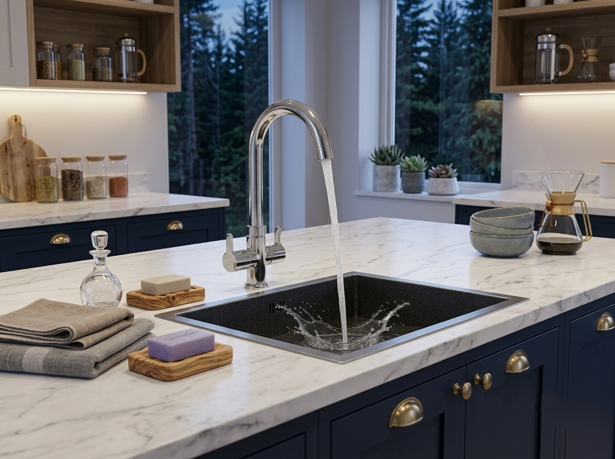 Chrome kitchen faucet pouring water into a black sink on a marble countertop