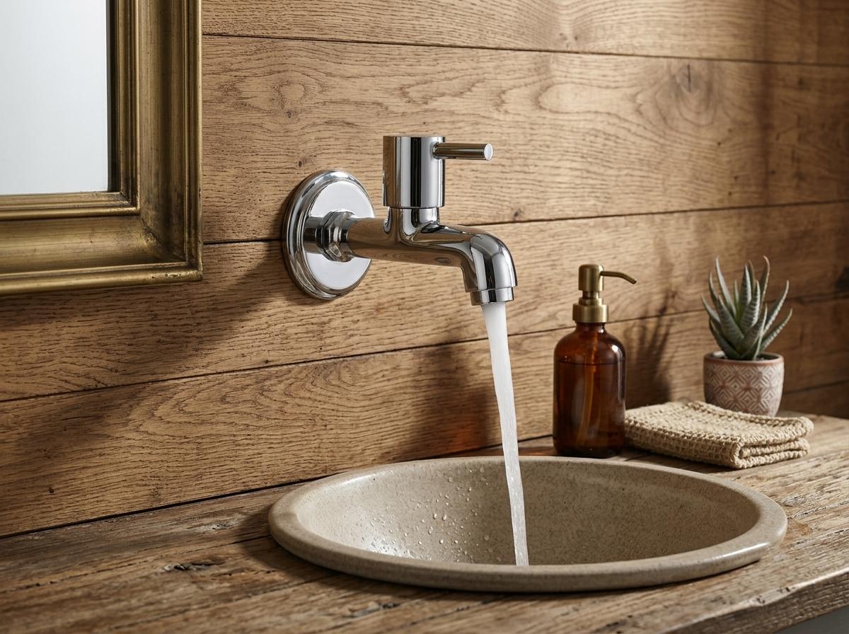Chrome wall mounted faucet running water into a stone basin on a wooden counter