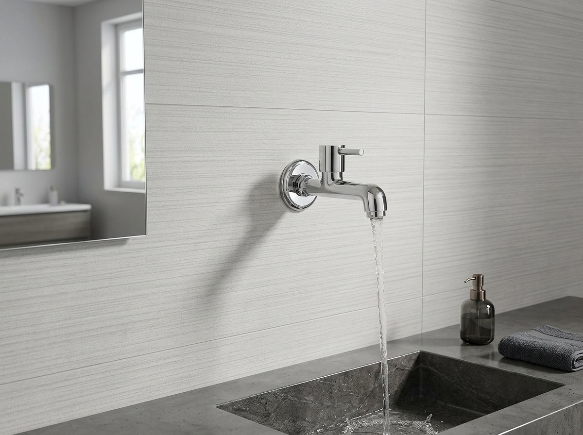 Chrome wall mounted faucet running water into a stone basin