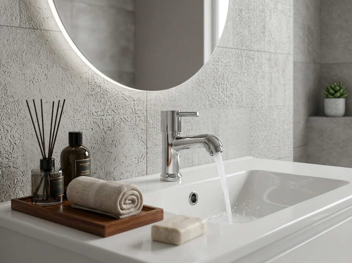 Chrome bathroom faucet running water into a white ceramic sink with a wooden tray and toiletries