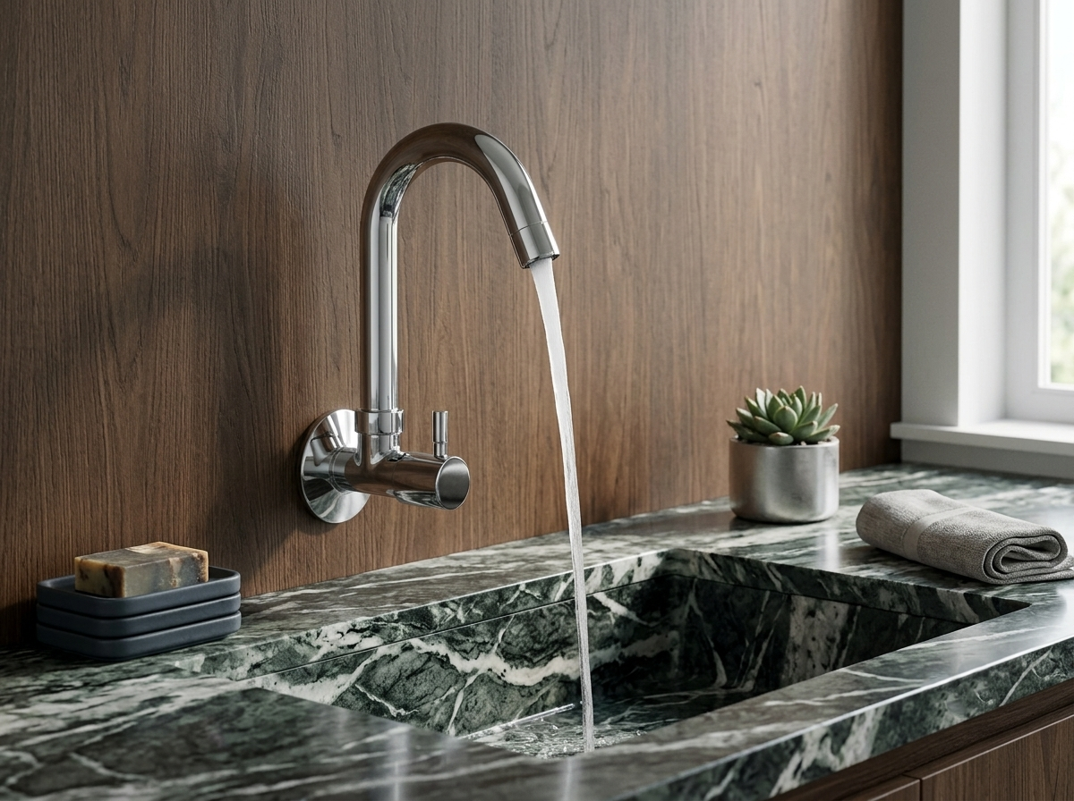 Wall mounted chrome faucet with running water over a green marble sink