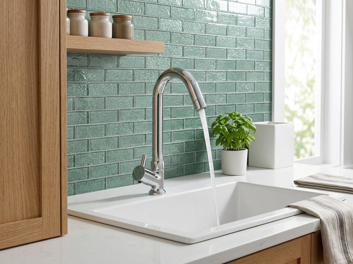 Chrome kitchen faucet with running water over a white sink against a green subway tile backsplash
