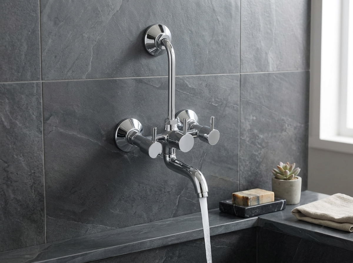 Chrome wall mounted bathroom faucet with running water against grey slate tiles