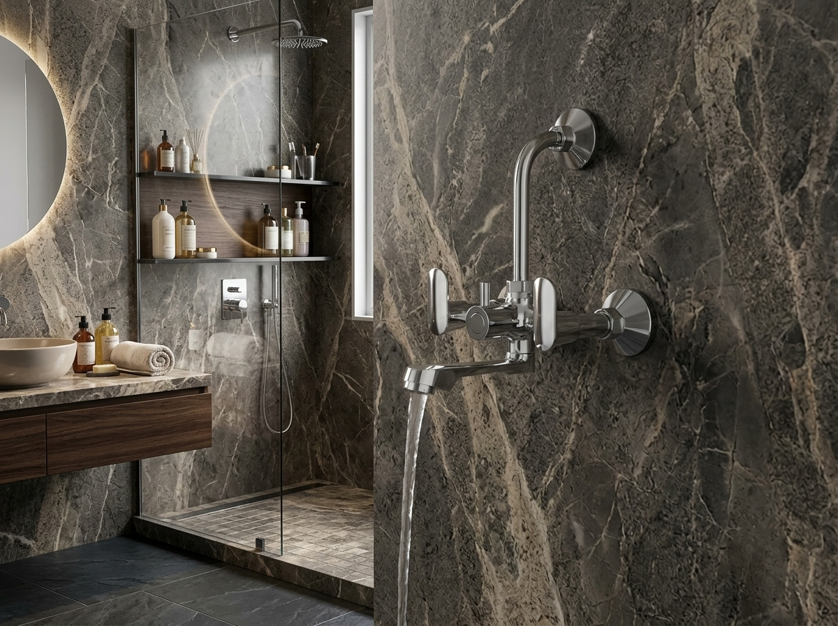 Chrome wall mounted bath faucet with water flowing against dark marble tiled wall