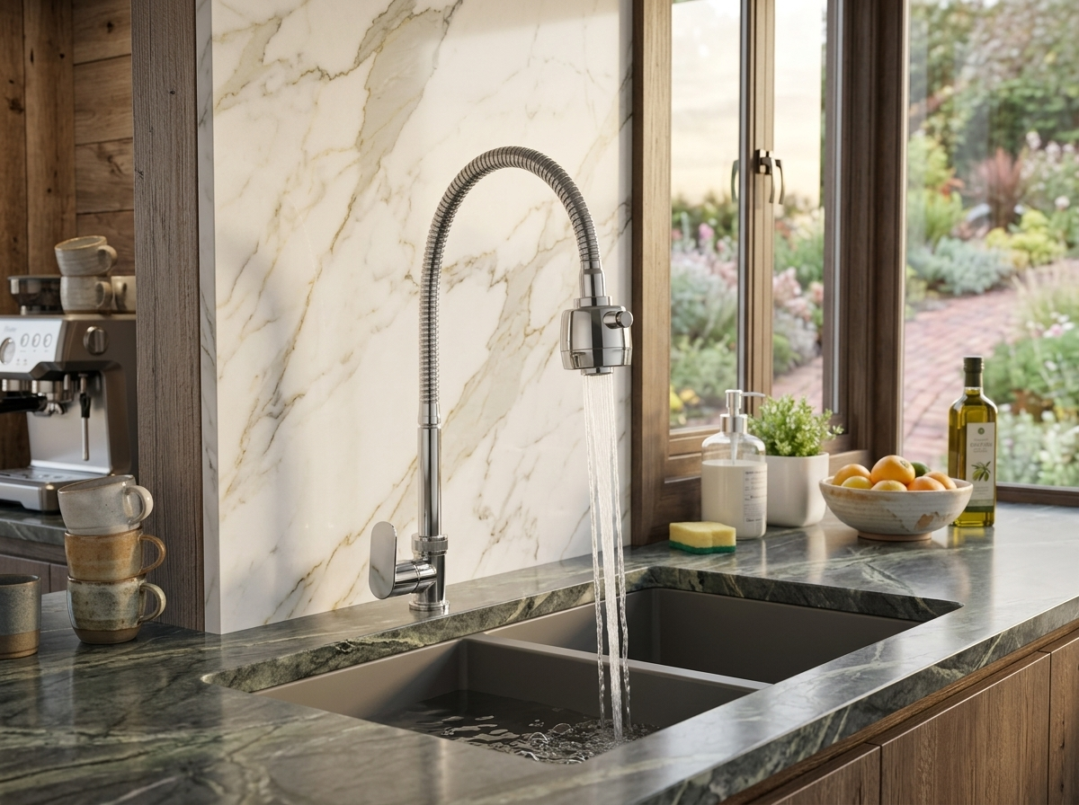 Chrome pull down kitchen faucet with water running into a double basin sink