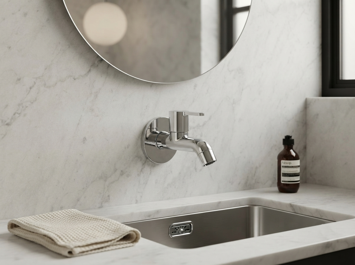 Wall mounted chrome faucet above a stainless steel sink with a marble countertop and round mirror